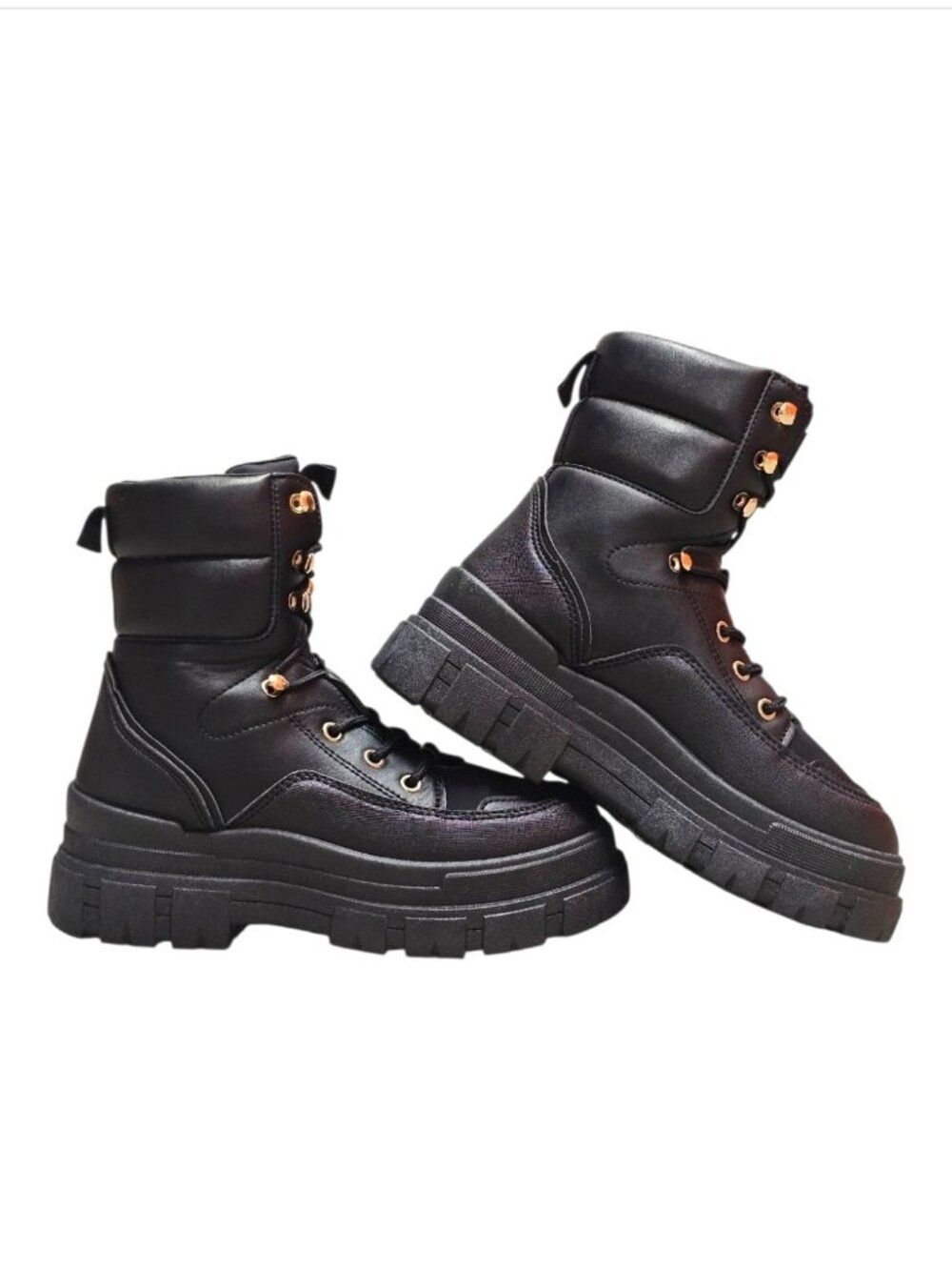 Chunky Black Combat Style Lace-Up Boots With Gold Eyelets For Women - Picture 4 of 9